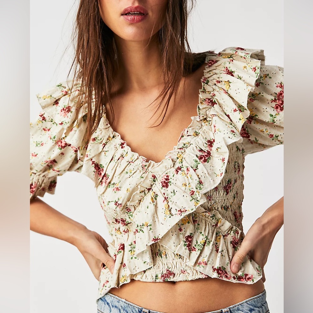 FREE PEOPLE Favorite Girl Top in Tea Combo Cream Mini Floral Print Size L